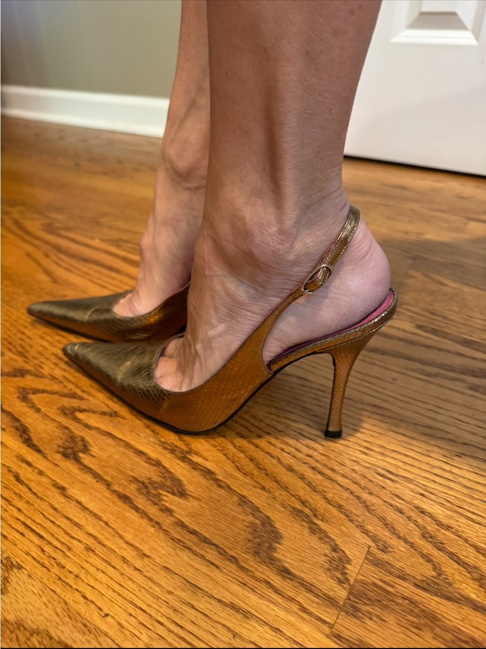 Charles David “Lucy”Metallic Gold Pointed-Toe Slingback Pumps with Pink Lining